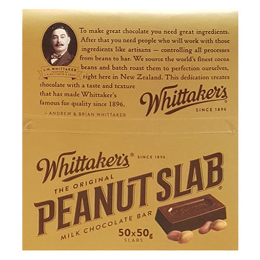 Bulk display box of 50 Whittaker's Peanut Slabs 50g featuring roasted peanuts in creamy New Zealand milk chocolate.
