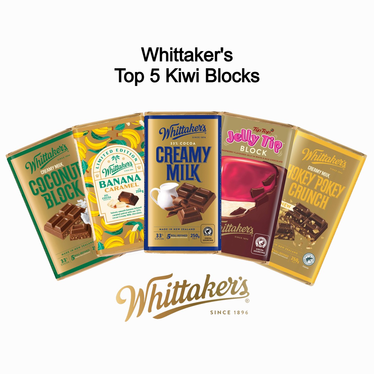 A collection of five Whittaker's New Zealand chocolate blocks including Creamy Milk, Hokey Pokey, Coconut, Jelly Tip, and Banana Caramel flavours.