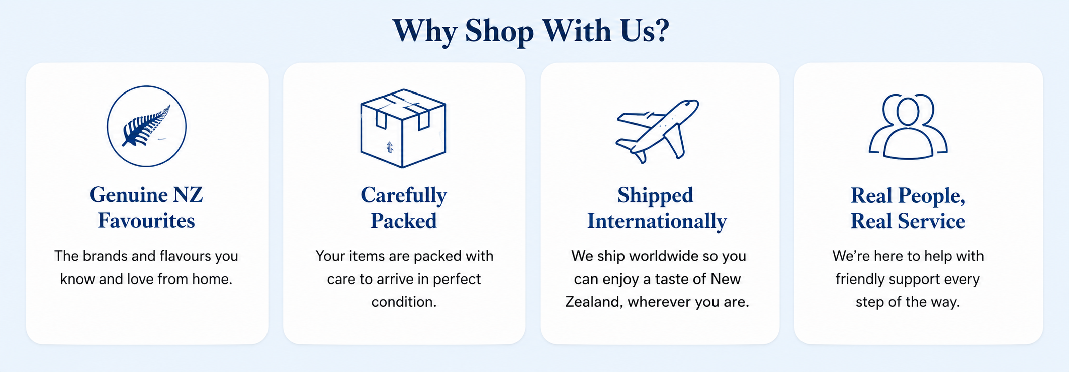 A promotional graphic with the heading 'Why Shop With Us?' on a light blue background. Four white rounded panels show icons and text: a native bird logo with 'Genuine NZ Favourites,' a packed box with 'Carefully Packed,' an airplane with 'Shipped Internationally,' and a group of people with 'Real People, Real Service.