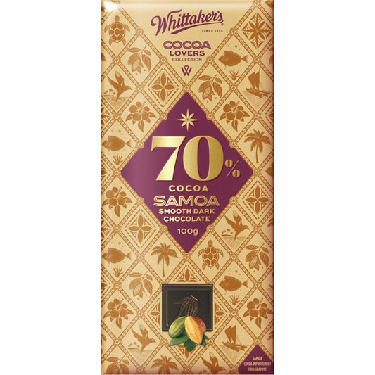 Whittakers Cocoa Lovers 70% Samoa Dark Chocolate 100g