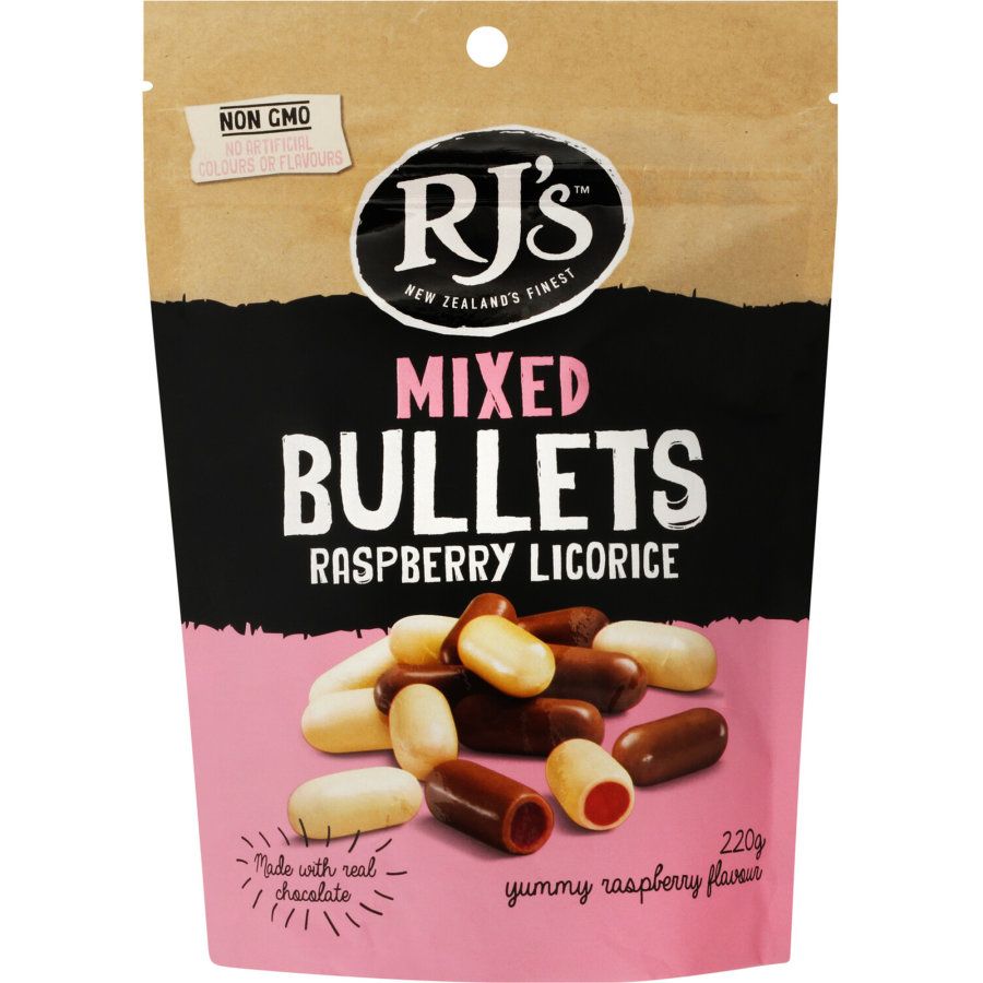 RJs Mixed Raspberry Licorice Bullets 220g