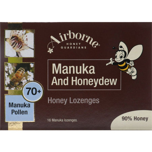 Box of Airborne Manuka and Honeydew Honey Lozenges containing 16 tablets made with high-activity New Zealand honey.