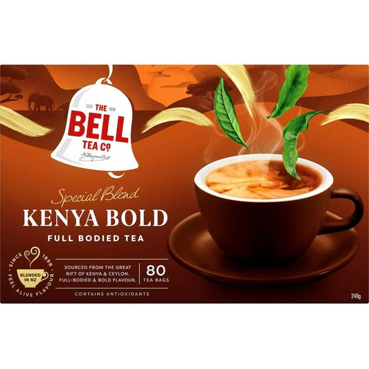 Box of Bell Kenya Bold Black Tea containing 80 tea bags sourced from Kenyan highlands for a stronger brew.