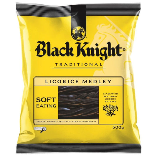 Black Knight Licorice Medley 500g bag of soft-eating New Zealand black licorice shapes
