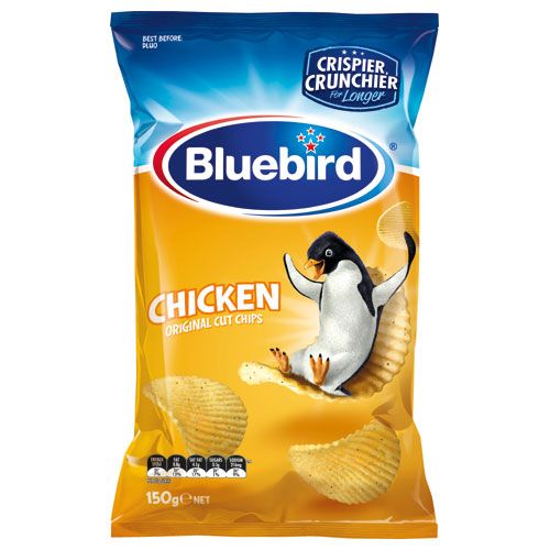 Bluebird Originals Chicken Potato Chips 150g bag of thin-cut crinkle chips featuring the iconic blue penguin.