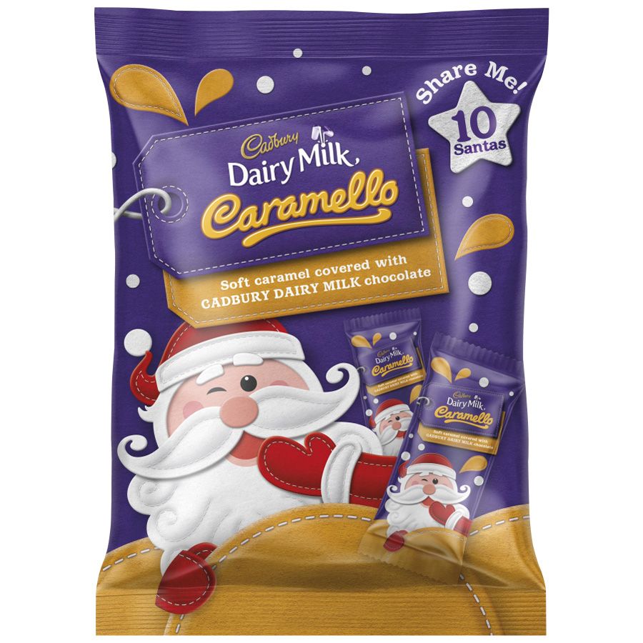 Cadbury Dairy Milk Caramello Santa Sharepack 150g containing 10 individually wrapped caramel-filled chocolates.