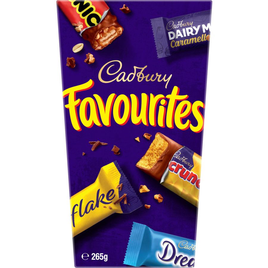 Cadbury Favourites 265g chocolate gift box featuring a variety of miniature New Zealand chocolate bars.