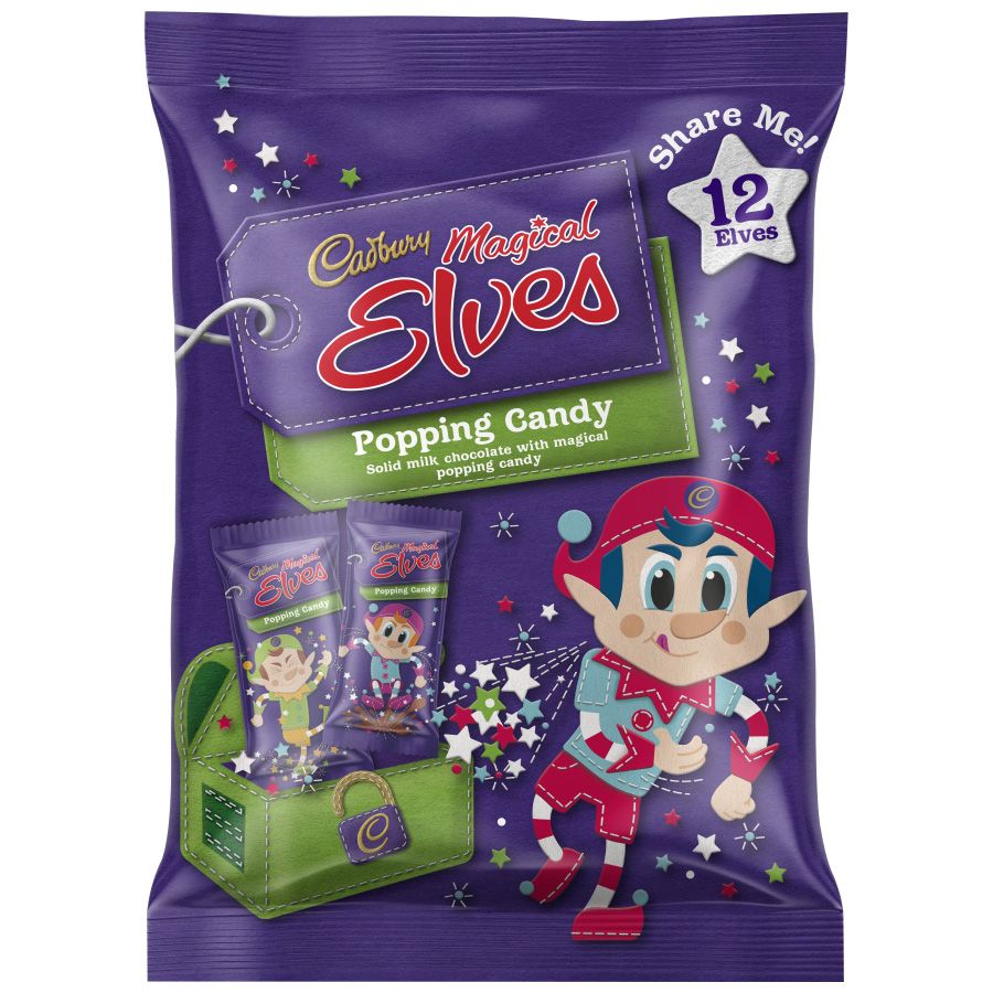 Cadbury Magical Elves Share Bag 144g featuring milk chocolate treats with popping candy.