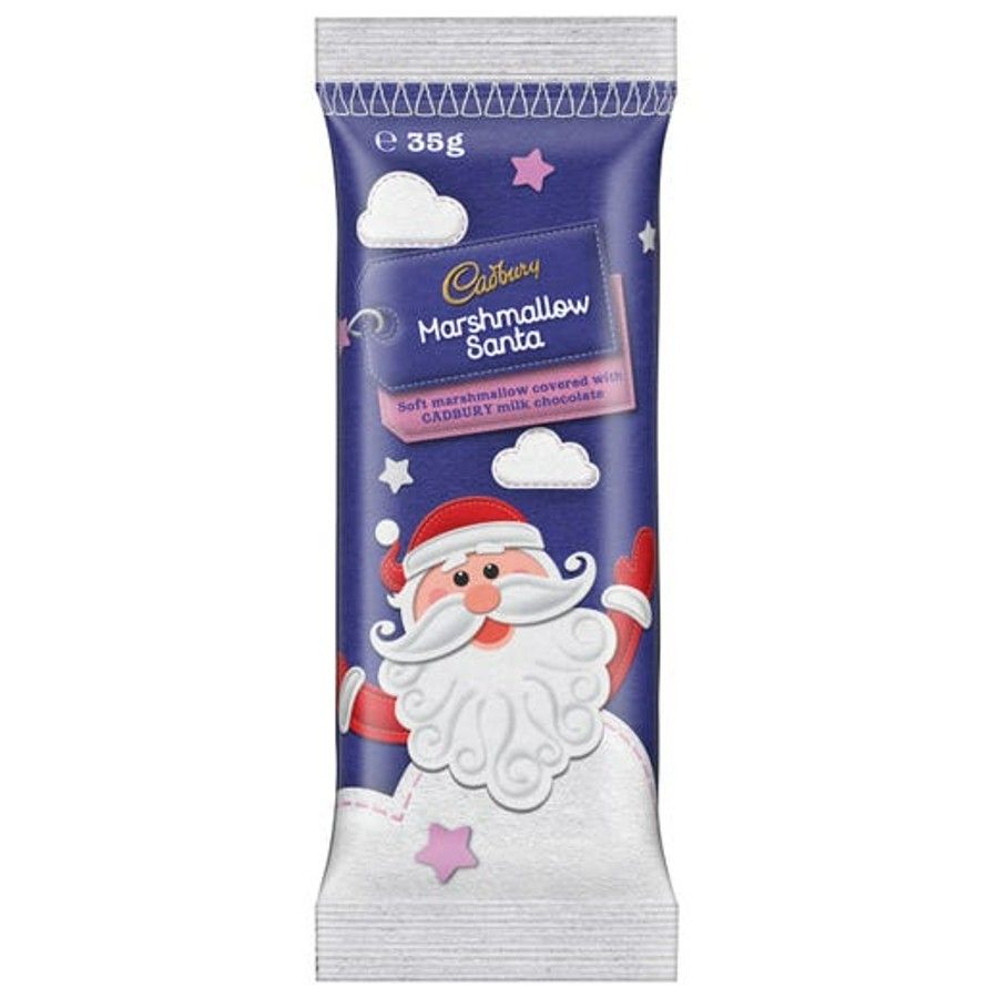 Cadbury Marshmallow Santa Single 35g wrapper containing soft marshmallow covered in Cadbury Dairy Milk chocolate