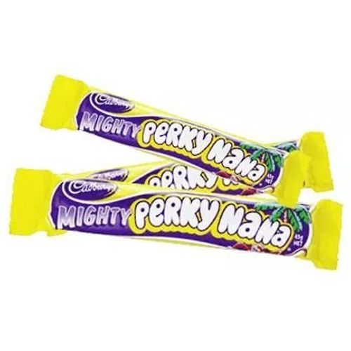 Cadbury Perky Nana 45g chocolate bar featuring a yellow wrapper and a chewy banana flavored center coated in milk chocolate.