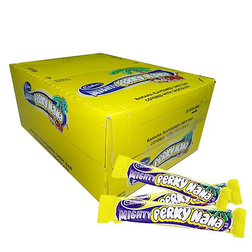 Bulk box of 42 Cadbury Perky Nana 45g chocolate bars featuring banana flavored chew centers covered in milk chocolate.
