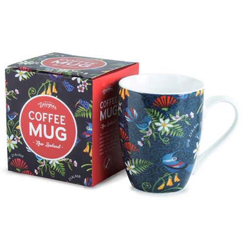 Coffee Mug NZ Birds and Flowers Navy
