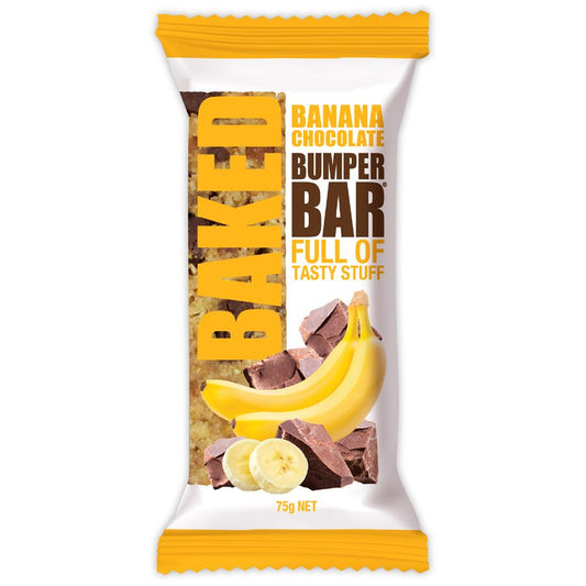 Cookie Time Bumper Bar Banana Chocolate 75g energy snack bar with dark chocolate chunks and real banana pieces.