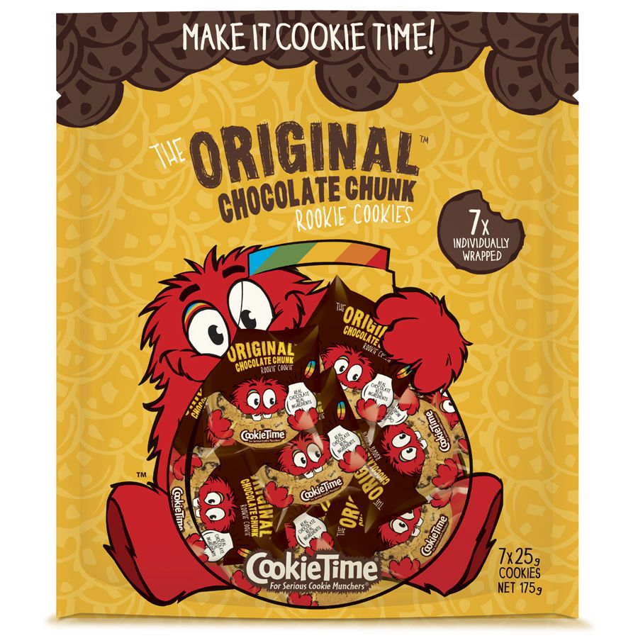 Cookie Time Rookie Cookies 7-pack featuring individually wrapped original chocolate chunk cookies from New Zealand.