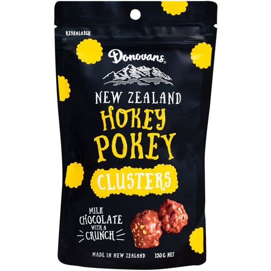 Donovans Hokey Pokey Clusters 150g bag of bite-sized honeycomb pieces enrobed in premium New Zealand milk chocolate