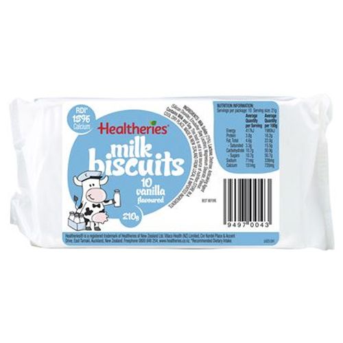 Healtheries Milk Biscuits Vanilla 10 pack featuring gluten free high calcium round milk crackers from New Zealand.