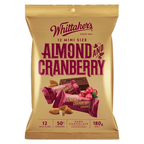 Whittakers Mini Slab Chocolate Almond & Cranberry 180g 12pk