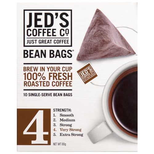 Jeds Coffee Bean Bags No 4 Very Strong 10 pack NZ roasted coffee brew in cup bags