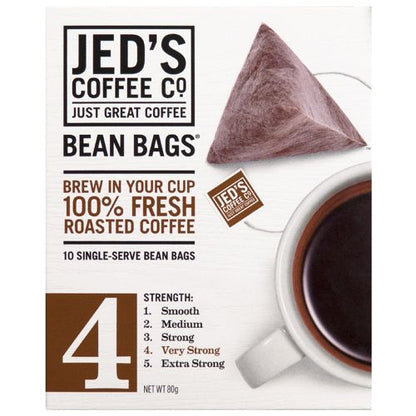 Jeds Coffee Bean Bags No 4 Very Strong 10 pack NZ roasted coffee brew in cup bags