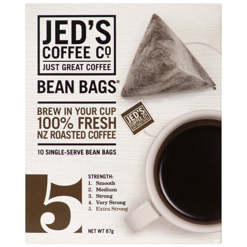 Jed’s Coffee Bean Bags No 5 Extra Strong 10 pack featuring dark roast New Zealand coffee bags.