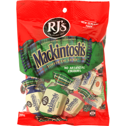 RJs Mackintoshs Toffees Deluxe Mix 200g bag featuring assorted traditional New Zealand toffee flavors.