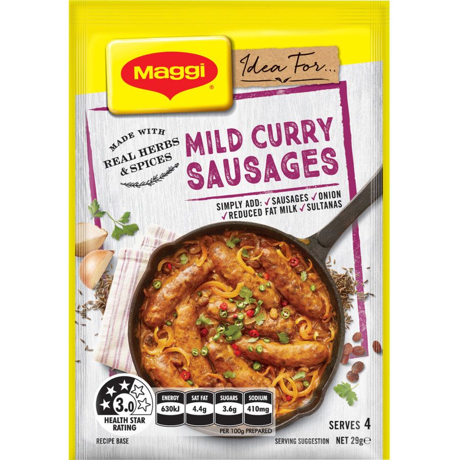 Maggi Recipe Base Mild Curry Sausages 29g – Kiwi Corner Dairy