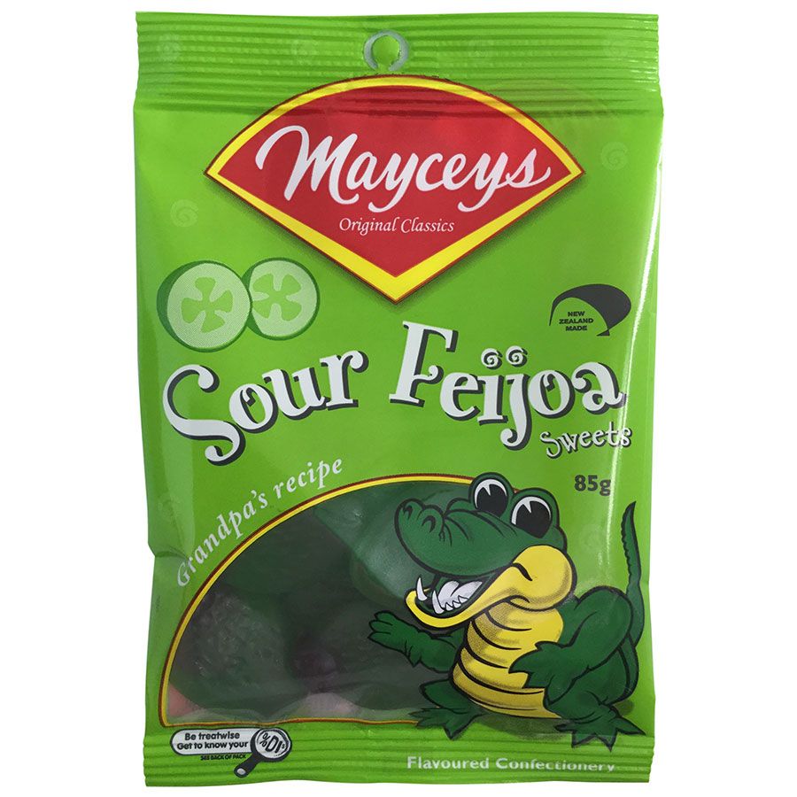 Mayceys Sour Feijoa Sweets 85g bag of green and white sour gummy lollies from New Zealand