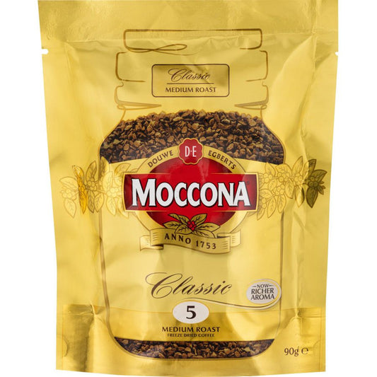 Moccona Classic Medium Roast Instant Coffee 90g refill pouch showing the iconic gold packaging and richness of the blend.
