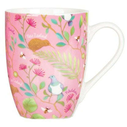 Coffee Mug NZ Birds and Flowers Pink