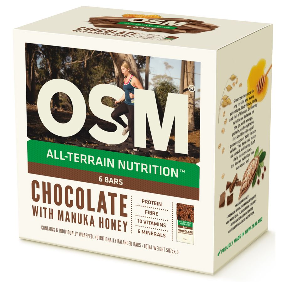 One Square Meal OSM Muesli Bars Chocolate and Honey 6 pack 495g box showing nutritionally balanced snack bars from New Zealand.