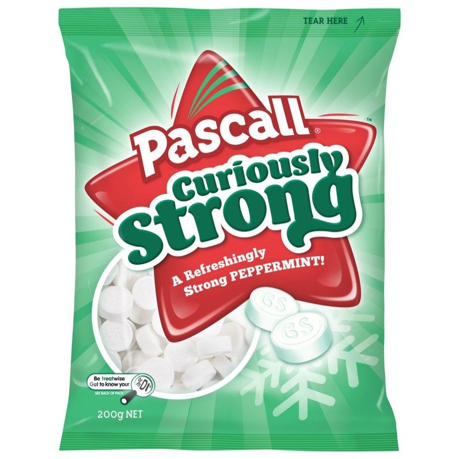 Pascall Curiously Strong Peppermints 150g share bag of intense and refreshingly strong white peppermint candy from New Zealand