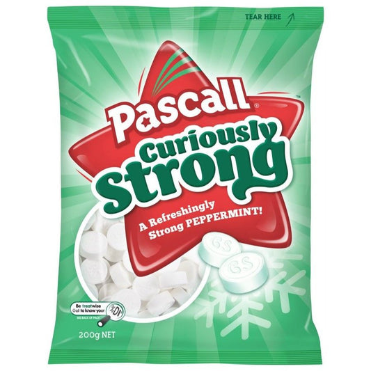 Pascall Curiously Strong Peppermints 150g share bag of intense and refreshingly strong white peppermint candy from New Zealand