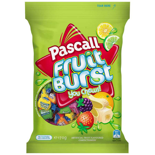 Pascall Fruit Bursts 170g bag featuring assorted fruit-flavored chewy lollies from New Zealand