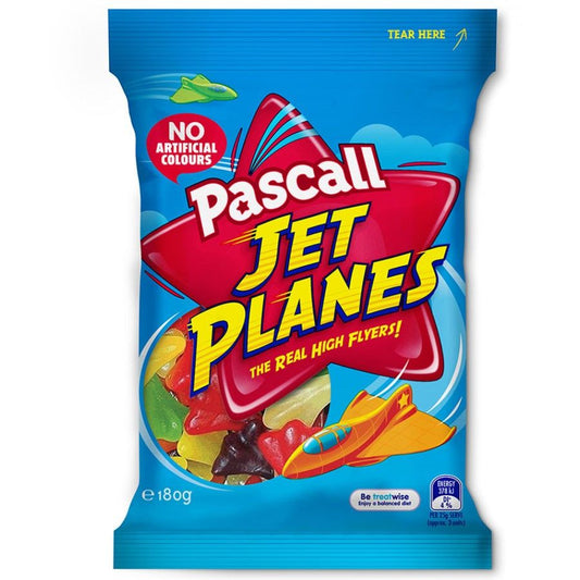 A 180g bag of Pascall Jet Planes gummy lollies featuring various fruit flavors and iconic airplane shapes.