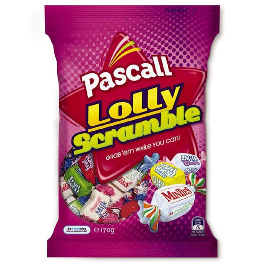 Pascall Lolly Scramble 170g family share bag containing a colorful variety of individually wrapped favorite New Zealand sweets