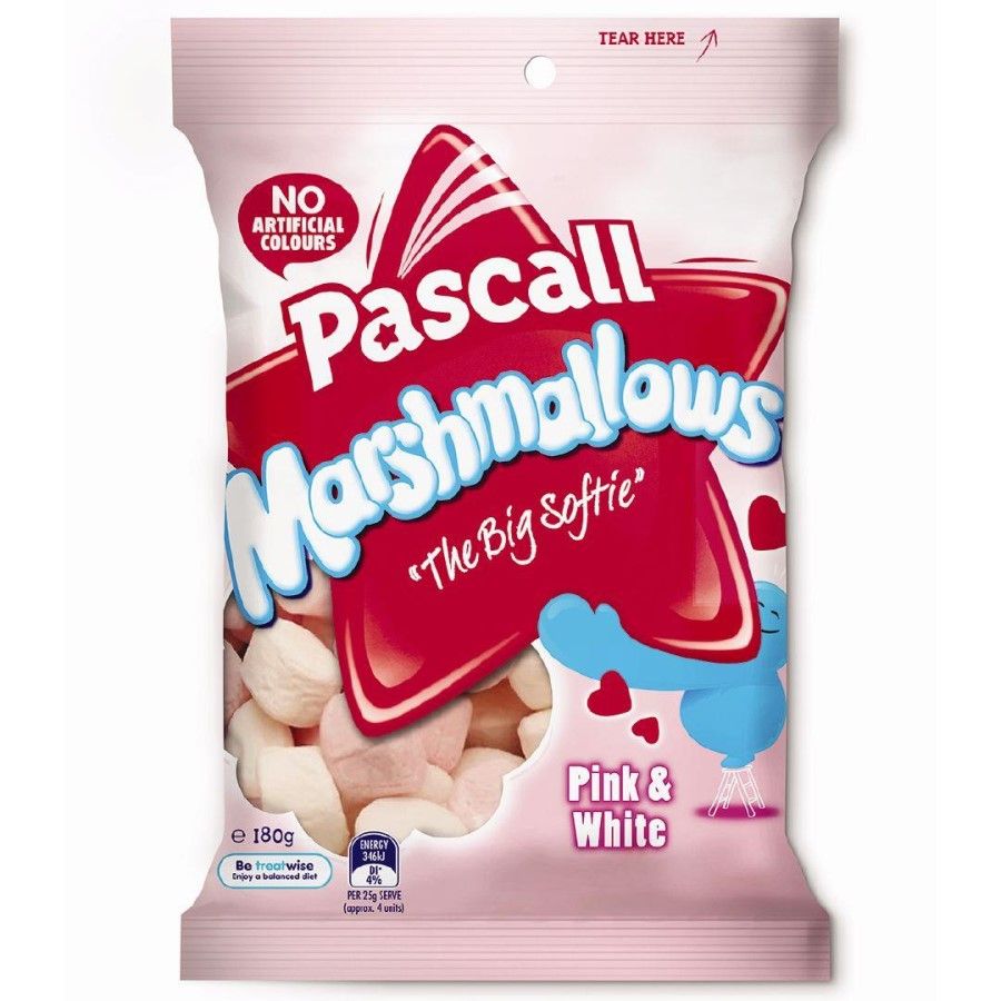 Pascall Marshmallows Pink and White 180g share bag of fluffy vanilla and raspberry flavored marshmallow sweets from New Zealand