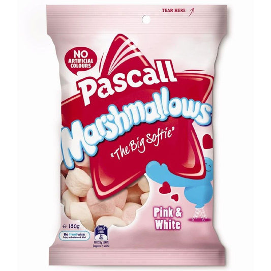 Pascall Marshmallows Pink and White 180g share bag of fluffy vanilla and raspberry flavored marshmallow sweets from New Zealand