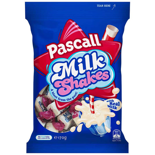 Pascall Milk Shakes 170g bag of creamy and chewy vanilla flavoured dairy lollies from New Zealand.