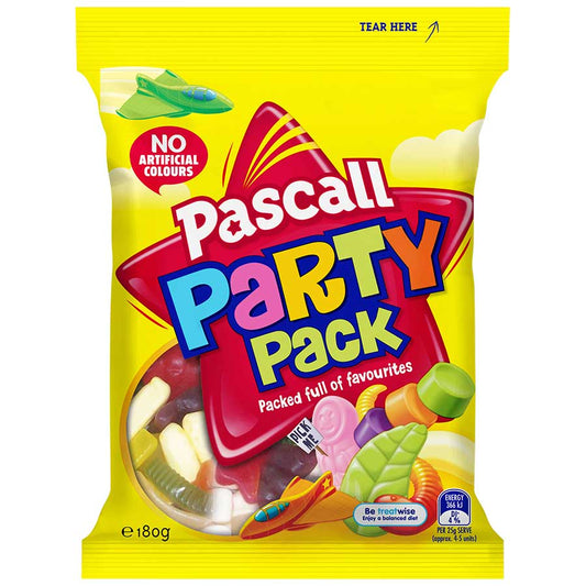 Pascall Party Pack 180g share bag showing a mixed assortment of iconic fruit flavored gummy lollies from New Zealand