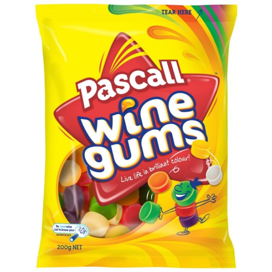 A 180g bag of Pascall Wine Gums showing assorted fruit-flavored gummy candies made with real fruit juice.