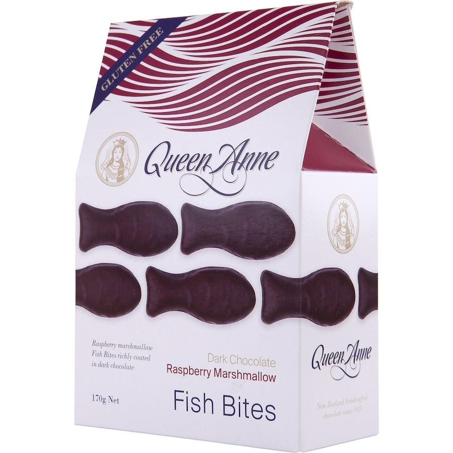 Queen Anne Dark Chocolate Raspberry Marshmallow Fish Bites in a 170g resealable bag