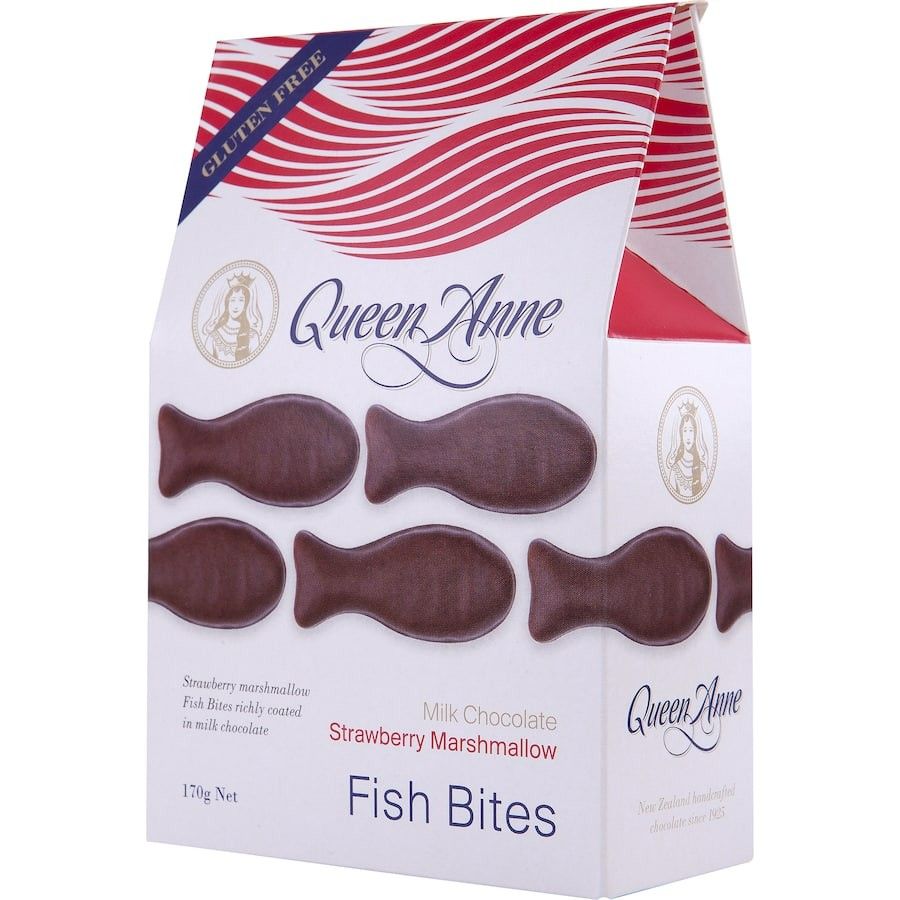 Queen Anne Strawberry Chocolate Fish Bites 170g bag showing bite-sized strawberry marshmallow fish coated in dark chocolate.