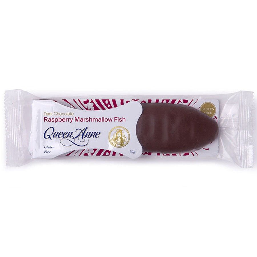Queen Anne Raspberry Marshmallow Fish enrobed in rich dark chocolate, a gluten-free New Zealand confectionery classic.