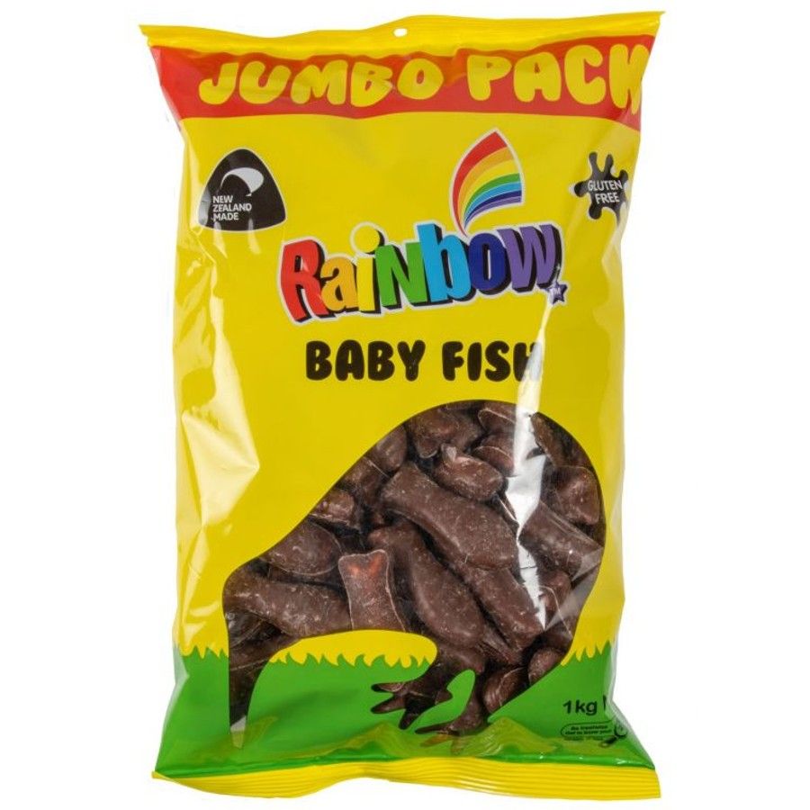 Rainbow Chocolate Baby Fish 1kg bulk bag of fluffy mini marshmallows coated in smooth milk chocolate from New Zealand