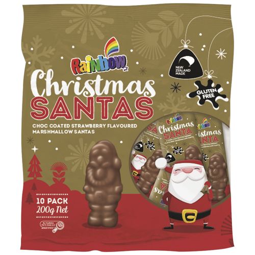 Rainbow Chocolate Marshmallow Santas 10 pack 200g bag of chocolate coated strawberry flavoured marshmallow Santas