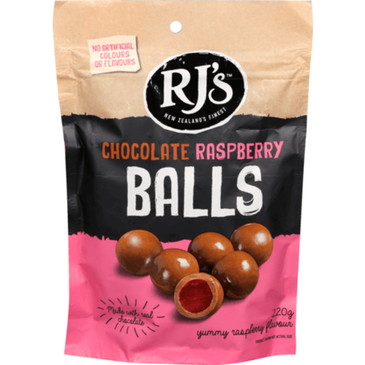 RJs Chocolate Sharepack Raspberry Balls 220g bag featuring round bite-sized raspberry licorice pieces coated in thick milk chocolate from New Zealand