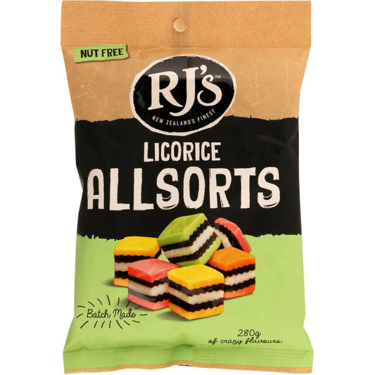 RJ's Licorice Allsorts 280g bag featuring colorful layered coconut and licorice sweets