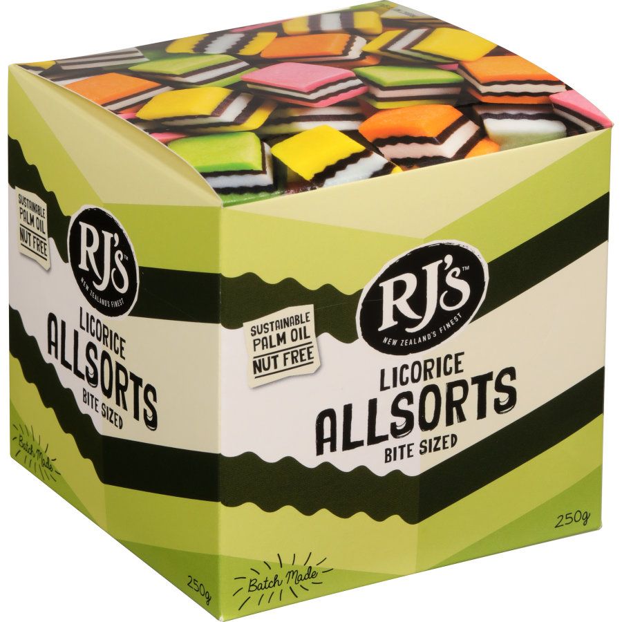 RJ's Licorice Allsorts Gift Box 250g featuring colorful layered bite-sized licorice allsorts.