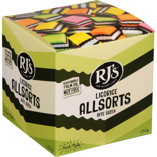 RJ's Licorice Allsorts Gift Box 250g featuring colorful layered bite-sized licorice allsorts.
