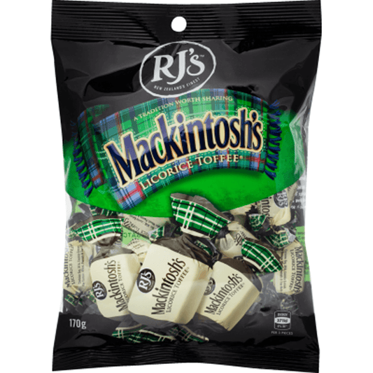 RJs Mackintoshs Licorice Toffees 170g bag containing individually wrapped creamy New Zealand toffees infused with a rich licorice flavor